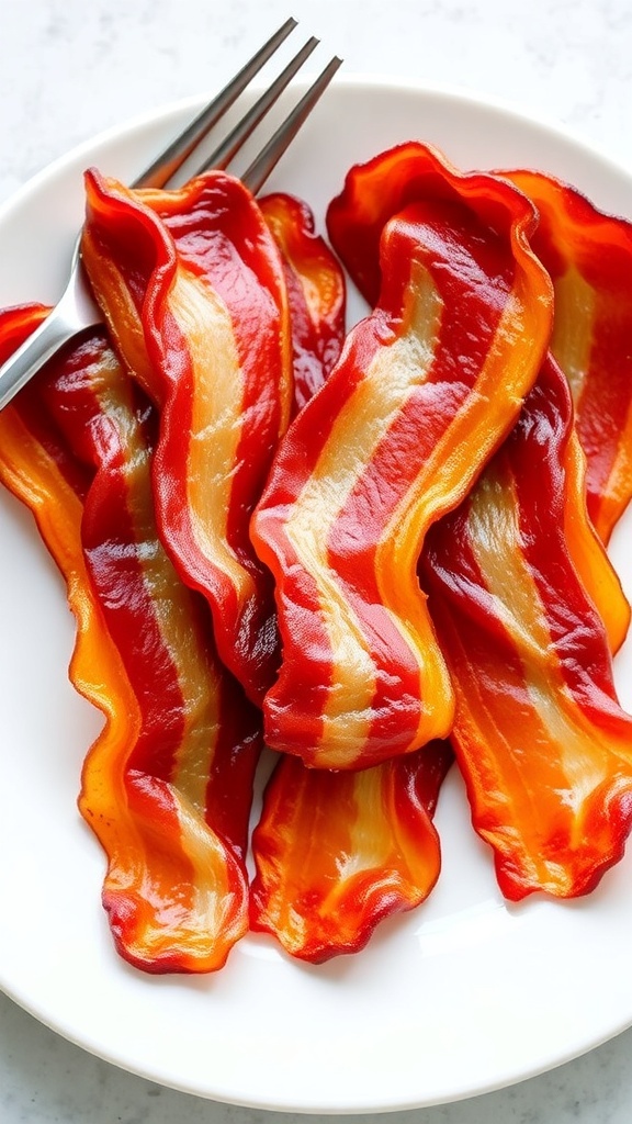 Crispy bacon slices on a white plate, ready to serve.
